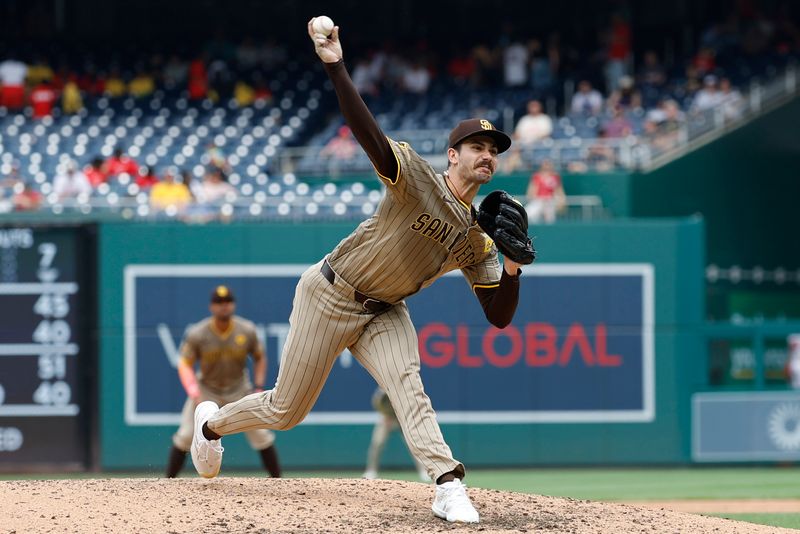 Jul 25, 2024; Washington, District of Columbia, USA; San Diego Padres starting pitcher Dylan Cease (84) pitches against the Washington Nationals during the eighth inning at Nationals Park. Mandatory Credit: Geoff Burke-USA TODAY Sports