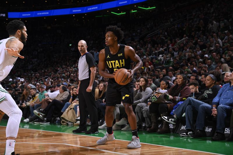 BOSTON, MA - JANUARY 5: Colin Sexton #2 of the Utah Jazz handles the ball during the game against the Boston Celtics on January 5, 2024 at the TD Garden in Boston, Massachusetts. NOTE TO USER: User expressly acknowledges and agrees that, by downloading and or using this photograph, User is consenting to the terms and conditions of the Getty Images License Agreement. Mandatory Copyright Notice: Copyright 2024 NBAE  (Photo by Brian Babineau/NBAE via Getty Images)