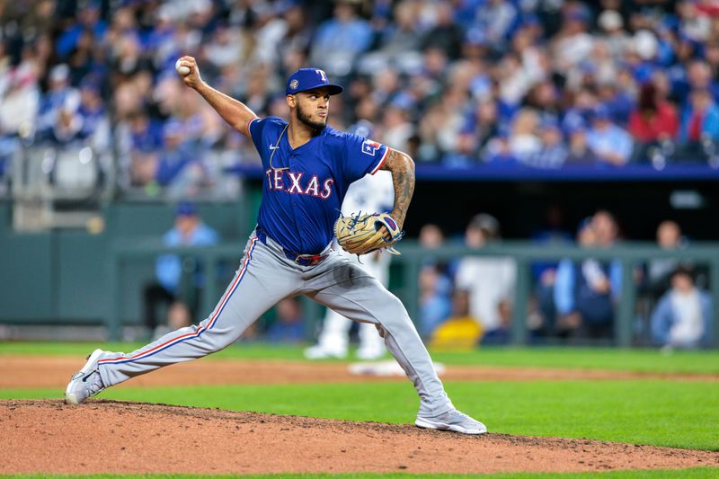 May 4, 2024; Kansas City, Missouri, USA; Texas Rangers pitcher Jonathan Hernandez (72) pitching during the eighth inning against the Kansas City Royals at Kauffman Stadium. Mandatory Credit: William Purnell-USA TODAY Sports