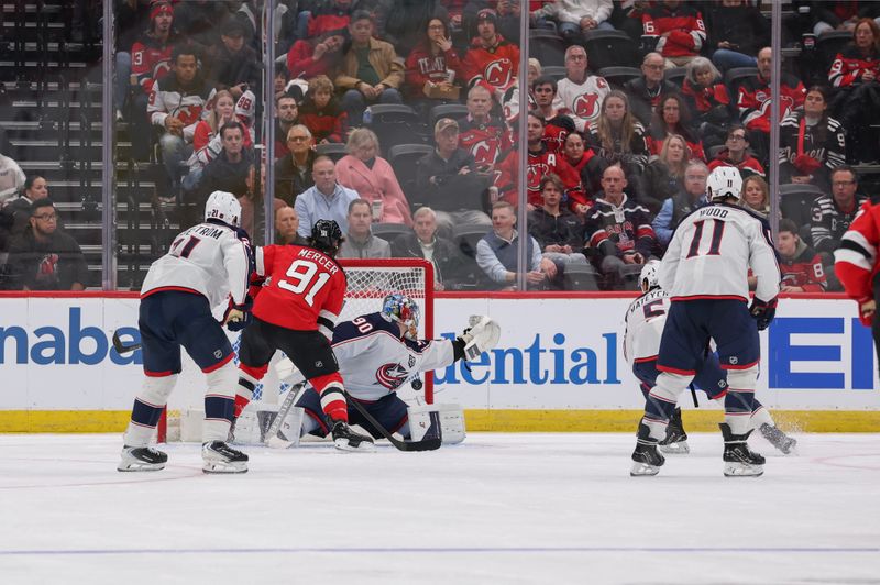 Dec 1, 2025; Newark, New Jersey, USA; New Jersey Devils right wing Timo Meier (28) (not pictured) scores a goal on Columbus Blue Jackets goaltender Elvis Merzlikins (90) during the third period at Prudential Center. Mandatory Credit: Ed Mulholland-Imagn Images