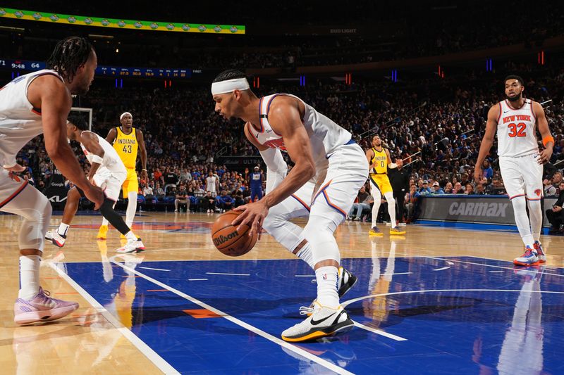 NEW YORK, NY - MAY 21:  Josh Hart #3 of the New York Knicks dribbles the ball during the game against the Indiana Pacers during Game 1 of the 2025 Eastern Conference Finals on May 21, 2025 at Madison Square Garden in New York City, New York.  NOTE TO USER: User expressly acknowledges and agrees that, by downloading and or using this photograph, User is consenting to the terms and conditions of the Getty Images License Agreement. Mandatory Copyright Notice: Copyright 2025 NBAE  (Photo by Jesse D. Garrabrant/NBAE via Getty Images)