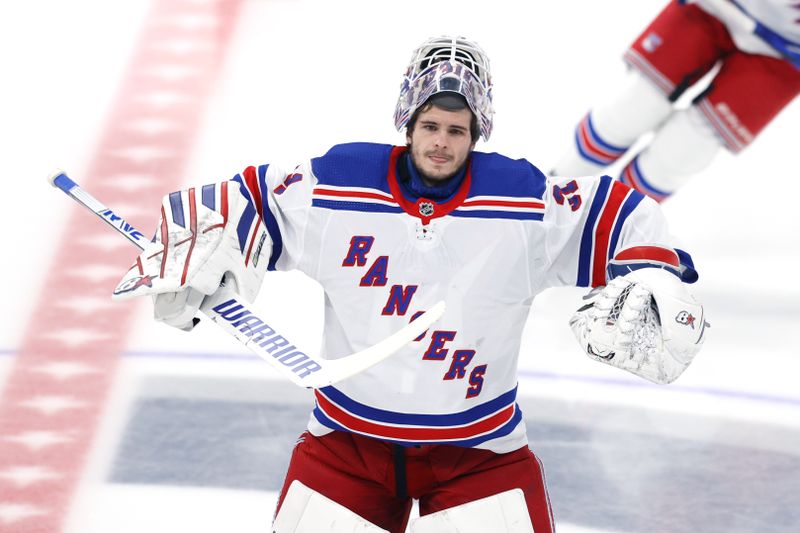 Oct 30, 2023; Winnipeg, Manitoba, CAN; New York Rangers goaltender Igor Shesterkin (31) warms up before a game against the Winnipeg Jets at Canada Life Centre. Mandatory Credit: James Carey Lauder-USA TODAY Sports