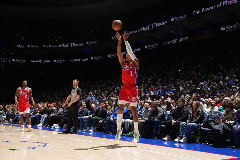 PHILADELPHIA, PA - DECEMBER 13: KJ Martin #1 of the Philadelphia 76ers shoots a three point basket during the game  against the Indiana Pacers on December 13, 2024 at the Wells Fargo Center in Philadelphia, Pennsylvania NOTE TO USER: User expressly acknowledges and agrees that, by downloading and/or using this Photograph, user is consenting to the terms and conditions of the Getty Images License Agreement. Mandatory Copyright Notice: Copyright 2024 NBAE (Photo by Jesse D. Garrabrant/NBAE via Getty Images)