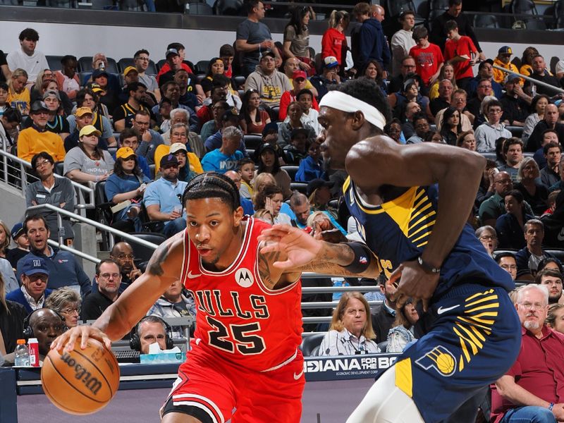 INDIANAPOLIS, IN - MARCH 13:  Dalen Terry #25 of the Chicago Bulls goes to the basket during the game on March 13, 2024 at Gainbridge Fieldhouse in Indianapolis, Indiana. NOTE TO USER: User expressly acknowledges and agrees that, by downloading and or using this Photograph, user is consenting to the terms and conditions of the Getty Images License Agreement. Mandatory Copyright Notice: Copyright 2024 NBAE (Photo by Ron Hoskins/NBAE via Getty Images)