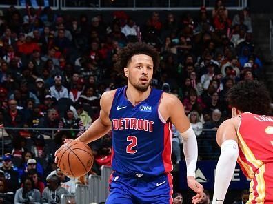 ATLANTA, GA - DECEMBER 18: Cade Cunningham #2 of the Detroit Pistons handles the ball during the game  on December 18, 2023 at State Farm Arena in Atlanta, Georgia.  NOTE TO USER: User expressly acknowledges and agrees that, by downloading and/or using this Photograph, user is consenting to the terms and conditions of the Getty Images License Agreement. Mandatory Copyright Notice: Copyright 2023 NBAE (Photo by Scott Cunningham/NBAE via Getty Images)