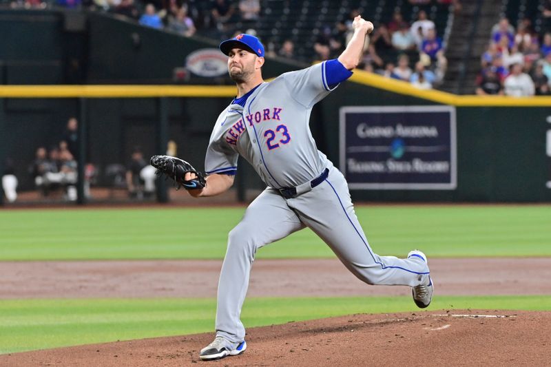Aug 29, 2024; Phoenix, Arizona, USA;  New York Mets pitcher David Peterson (23) throws in the first inning against the Arizona Diamondbacks at Chase Field. Mandatory Credit: Matt Kartozian-USA TODAY Sports