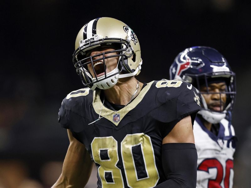 New Orleans Saints tight end Jimmy Graham (80) reacts after making a completion for a first down during an NFL preseason football game against the Houston Texans, Sunday, Aug. 27, 2023, in New Orleans. (AP Photo/Tyler Kaufman)