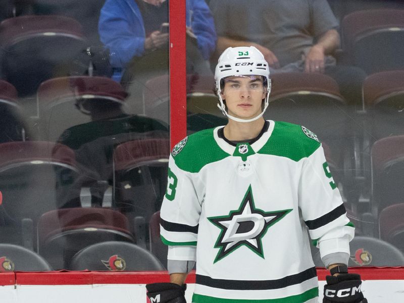 Oct 24, 2022; Ottawa, Ontario, CAN; Dallas Stars center Wyatt Johnston (53) looks on during warm ups prior to start of a game against the Ottawa Senators at the Canadian Tire Centre. Mandatory Credit: Marc DesRosiers-USA TODAY Sports