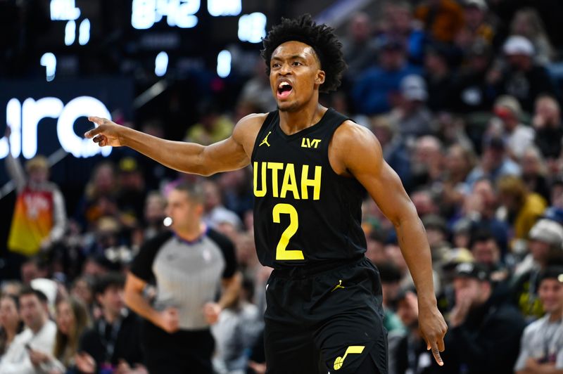 SALT LAKE CITY, UTAH - FEBRUARY 04: Collin Sexton #2 of the Utah Jazz celebrates a basket during the first half of a game against the Milwaukee Bucks at Delta Center on February 04, 2024 in Salt Lake City, Utah. NOTE TO USER: User expressly acknowledges and agrees that, by downloading and or using this photograph, User is consenting to the terms and conditions of the Getty Images License Agreement. (Photo by Alex Goodlett/Getty Images)