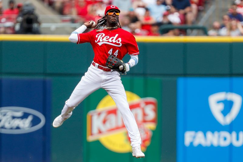 Jun 24, 2023; Cincinnati, Ohio, USA; Cincinnati Reds shortstop Elly De La Cruz (44) throws to first in attempt to get Atlanta Braves left fielder Eddie Rosario (not pictured) out in the second inning at Great American Ball Park. Mandatory Credit: Katie Stratman-USA TODAY Sports