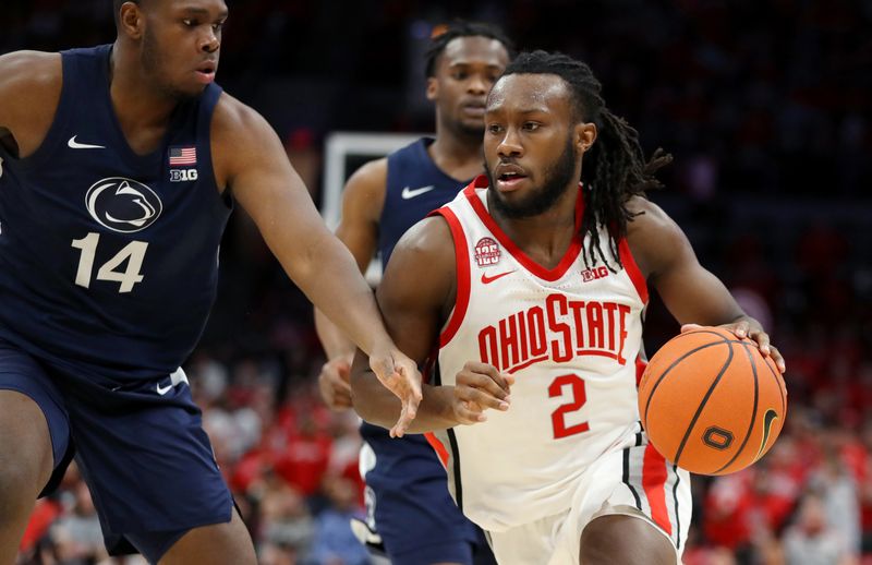 Jan 20, 2024; Columbus, Ohio, USA;  Ohio State Buckeyes guard Bruce Thornton (2)  looks to score as Penn State Nittany Lions forward Demetrius Lilley (14) defends during the second half at Value City Arena. Mandatory Credit: Joseph Maiorana-USA TODAY Sports