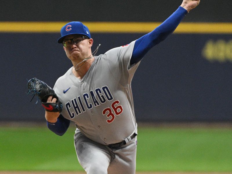 Sep 30, 2023; Milwaukee, Wisconsin, USA; Chicago Cubs starting pitcher Jordan Wicks (36) delivers a pitch against the Milwaukee Brewers in the first inning at American Family Field. Mandatory Credit: Michael McLoone-USA TODAY Sports