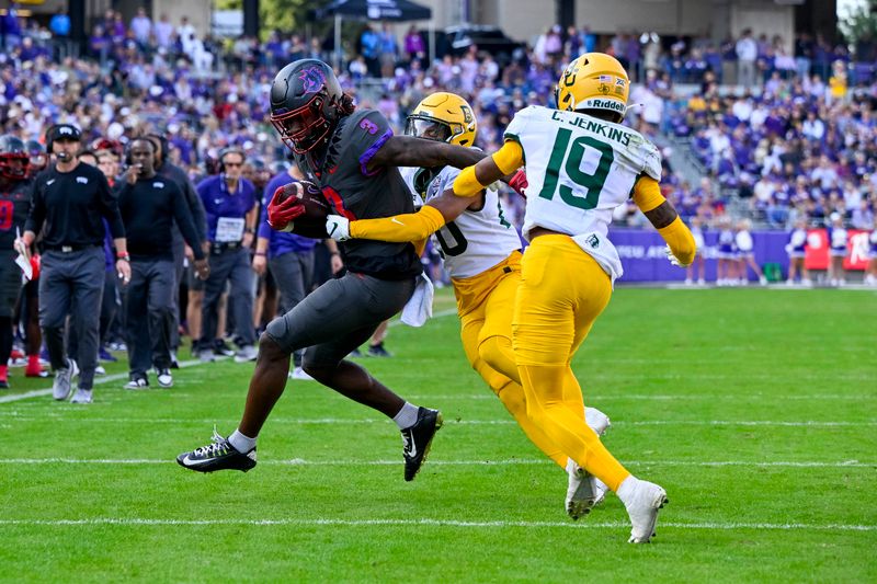 Nov 18, 2023; Fort Worth, Texas, USA; TCU Horned Frogs wide receiver Savion Williams (3) is stopped on a fourth down attempt against the Baylor Bears during the first half at Amon G. Carter Stadium. Mandatory Credit: Jerome Miron-USA TODAY Sports