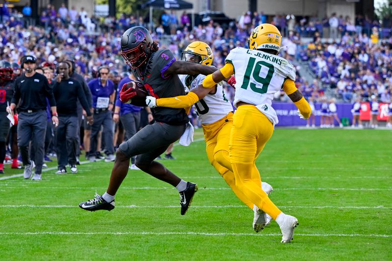 Nov 18, 2023; Fort Worth, Texas, USA; TCU Horned Frogs wide receiver Savion Williams (3) is stopped on a fourth down attempt against the Baylor Bears during the first half at Amon G. Carter Stadium. Mandatory Credit: Jerome Miron-USA TODAY Sports