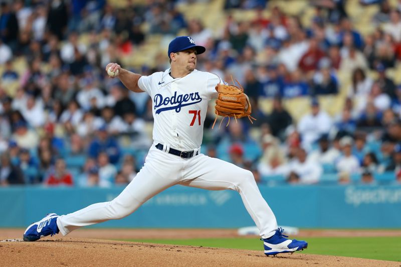 May 3, 2024; Los Angeles, California, USA;  Los Angeles Dodgers pitcher Gavin Stone (71) pitches in the first inning against the Atlanta Braves at Dodger Stadium. Mandatory Credit: Kiyoshi Mio-USA TODAY Sports