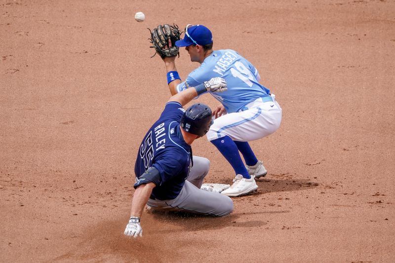 Jul 16, 2023; Kansas City, Missouri, USA; Kansas City Royals second baseman Michael Massey (19) gets the force out on Tampa Bay Rays designated hitter Luke Raley (55) at second base in the fourth inning at Kauffman Stadium. Mandatory Credit: Denny Medley-USA TODAY Sports