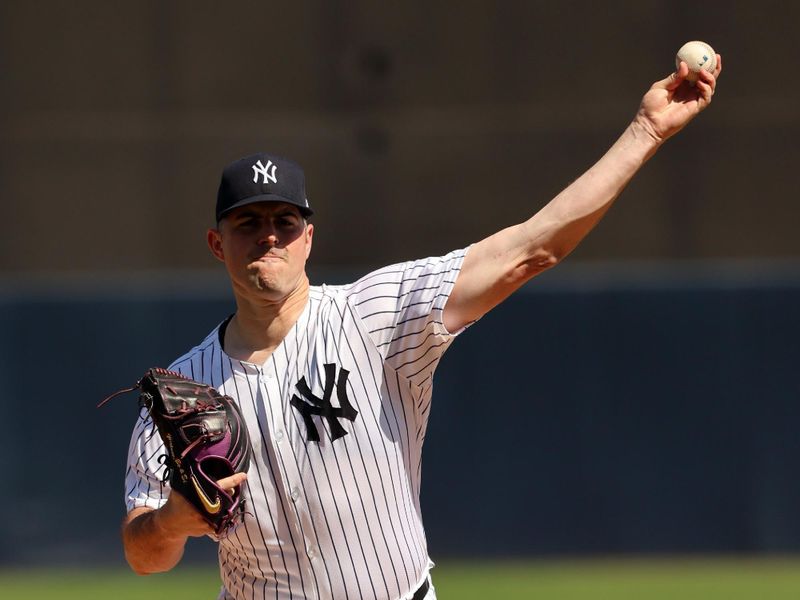 Feb 25, 2024; Tampa, Florida, USA; New York Yankees starting pitcher Carlos Rodon (55) throws a pitch before the game against the Toronto Blue Jays  at George M. Steinbrenner Field. Mandatory Credit: Kim Klement Neitzel-USA TODAY Sports