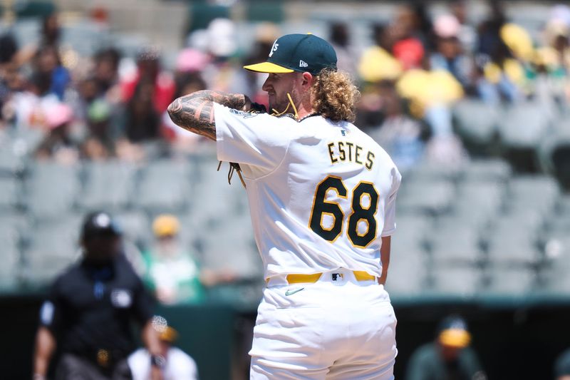 May 23, 2024; Oakland, California, USA; Oakland Athletics starting pitcher Joey Estes (68) on the mound against the Colorado Rockies during the first inning at Oakland-Alameda County Coliseum. Mandatory Credit: Kelley L Cox-USA TODAY Sports