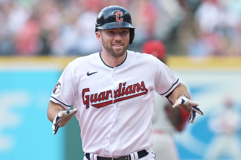 Jul 23, 2023; Cleveland, Ohio, USA; Cleveland Guardians catcher David Fry (12) rounds the bases after hitting a home run during the ninth inning against the Philadelphia Phillies at Progressive Field. Mandatory Credit: Ken Blaze-USA TODAY Sports