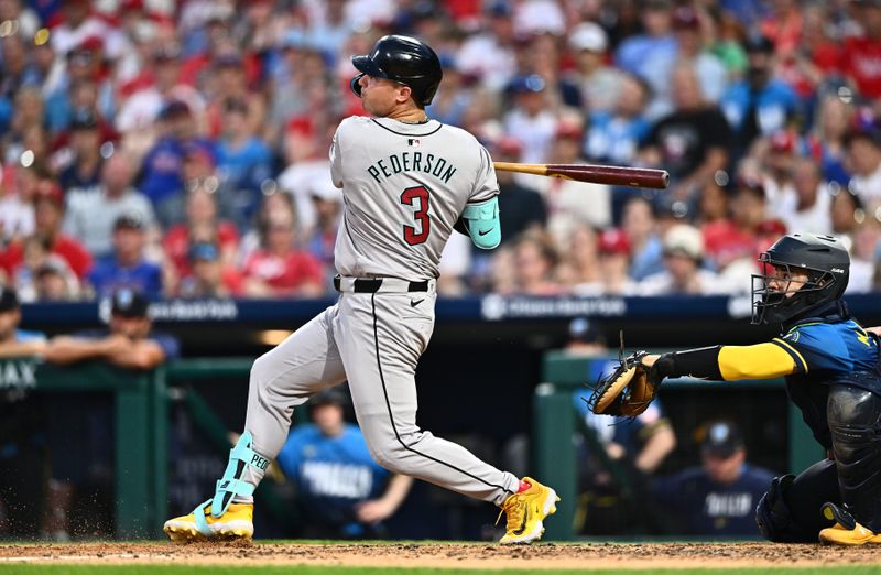 Jun 21, 2024; Philadelphia, Pennsylvania, USA; Arizona Diamondbacks designated hitter Joc Pederson (3) hits a single against the Philadelphia Phillies in the fifth inning at Citizens Bank Park. Mandatory Credit: Kyle Ross-USA TODAY Sports