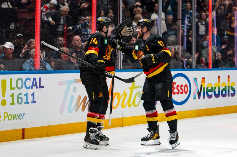 Jan 21, 2026; Vancouver, British Columbia, CAN; Vancouver Canucks forward Jake DeBrusk (74) and defenseman Filip Hronek (17) celebrate Hronek’s goal against the Washington Capitals in the second period at Rogers Arena. Mandatory Credit: Bob Frid-Imagn Images