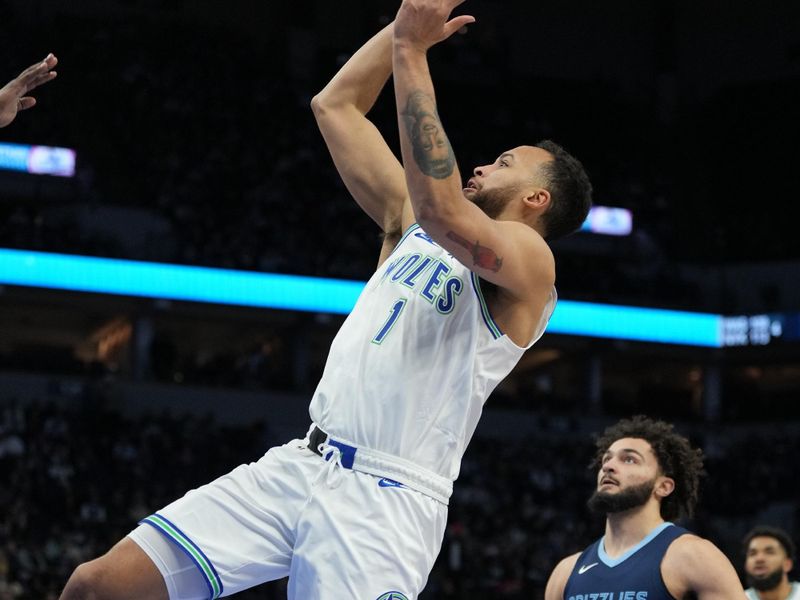 MINNEAPOLIS, MN -  JANUARY 18: Kyle Anderson #1 of the Minnesota Timberwolves shoots the ball during the game against the Memphis Grizzlies on January 18, 2024 at Target Center in Minneapolis, Minnesota. NOTE TO USER: User expressly acknowledges and agrees that, by downloading and or using this Photograph, user is consenting to the terms and conditions of the Getty Images License Agreement. Mandatory Copyright Notice: Copyright 2024 NBAE (Photo by Jordan Johnson/NBAE via Getty Images)