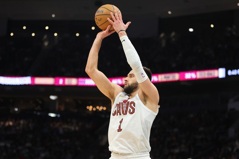 MILWAUKEE, WISCONSIN - JANUARY 26: Max Strus #1 of the Cleveland Cavaliers takes a three point shot during the second half of a game against the Milwaukee Bucks at Fiserv Forum on January 26, 2024 in Milwaukee, Wisconsin. NOTE TO USER: User expressly acknowledges and agrees that, by downloading and or using this photograph, User is consenting to the terms and conditions of the Getty Images License Agreement. (Photo by Stacy Revere/Getty Images)