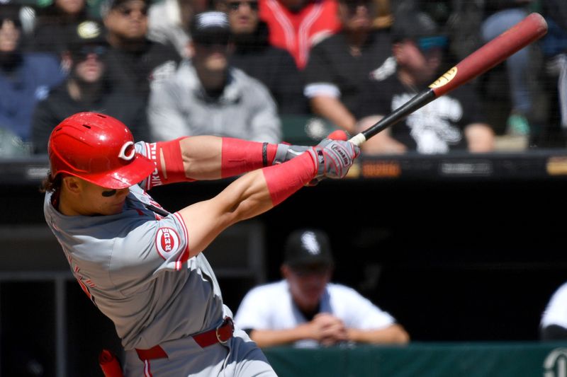 Apr 13, 2024; Chicago, Illinois, USA; Cincinnati Reds right fielder Stuart Fairchild (17) hits a single during the second inning against the Chicago White Sox at Guaranteed Rate Field. Mandatory Credit: Patrick Gorski-USA TODAY Sports