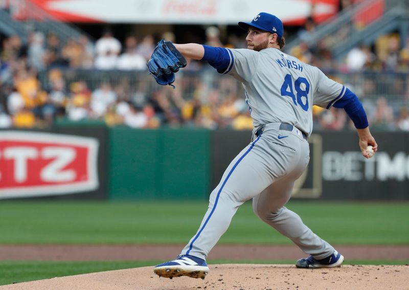 Sep 13, 2024; Pittsburgh, Pennsylvania, USA;  Kansas City Royals starting pitcher Alec Marsh (48) delivers a pitch against the Pittsburgh Pirates during the first inning at PNC Park. Mandatory Credit: Charles LeClaire-Imagn Images