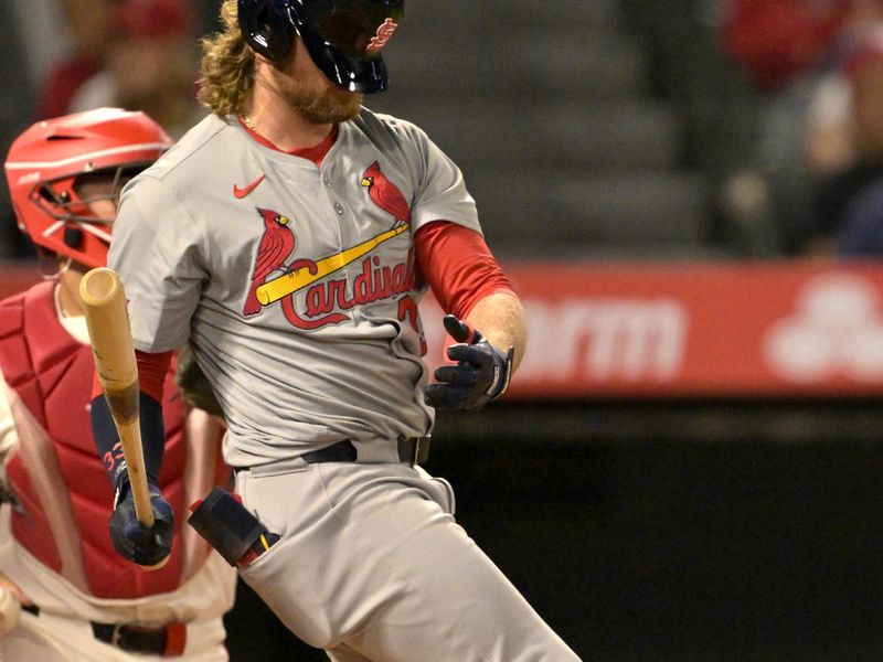 May 13, 2024; Anaheim, California, USA;   St. Louis Cardinals left fielder Brendan Donovan (33) looses hit helmet during his at bat in the seventh inning against the Los Angeles Angels at Angel Stadium. Mandatory Credit: Jayne Kamin-Oncea-USA TODAY Sports