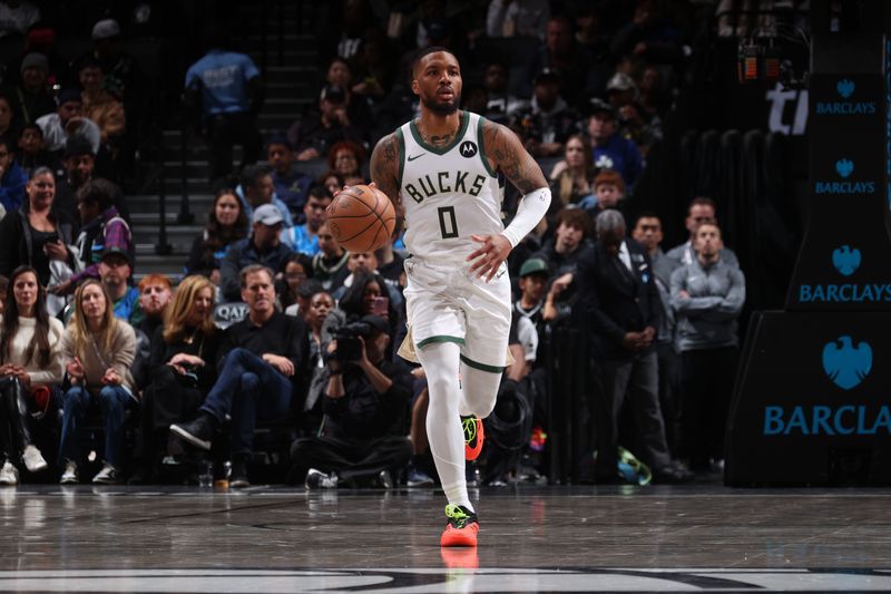 BROOKLYN, NY - OCTOBER 27: Damian Lillard #0 of the Milwaukee Bucks dribbles the ball during the game against the Brooklyn Nets on October 27, 2024 at Barclays Center in Brooklyn, New York. NOTE TO USER: User expressly acknowledges and agrees that, by downloading and or using this Photograph, user is consenting to the terms and conditions of the Getty Images License Agreement. Mandatory Copyright Notice: Copyright 2024 NBAE (Photo by Nathaniel S. Butler/NBAE via Getty Images)