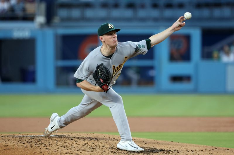 Aug 3, 2023; Los Angeles, California, USA;  Oakland Athletics starting pitcher JP Sears (38) pitches during the second inning against the Los Angeles Dodgers at Dodger Stadium. Mandatory Credit: Kiyoshi Mio-USA TODAY Sports