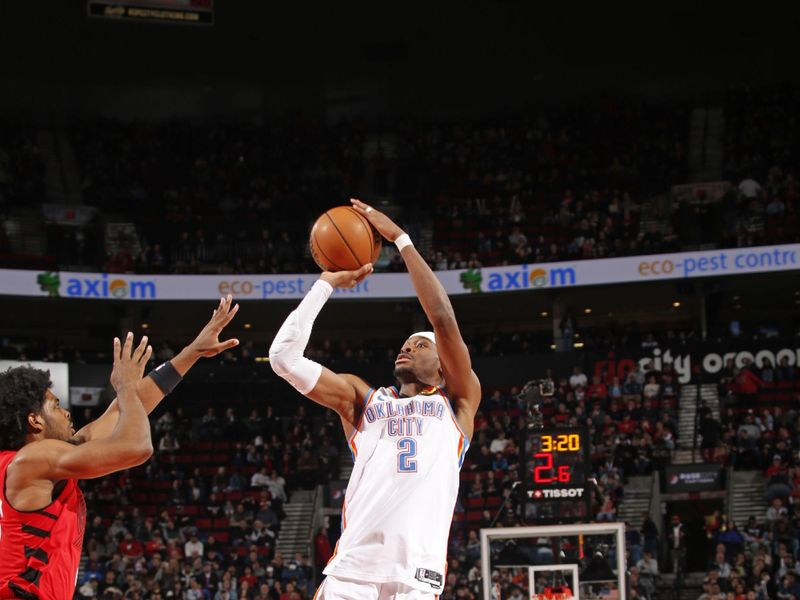 PORTLAND, OR - JANUARY 26: Shai Gilgeous-Alexander #2 of the Oklahoma City Thunder shoots the ball during the game against the Portland Trail Blazers on January 26, 2025 at the Moda Center Arena in Portland, Oregon. NOTE TO USER: User expressly acknowledges and agrees that, by downloading and or using this photograph, user is consenting to the terms and conditions of the Getty Images License Agreement. Mandatory Copyright Notice: Copyright 2025 NBAE (Photo by Cameron Browne/NBAE via Getty Images)