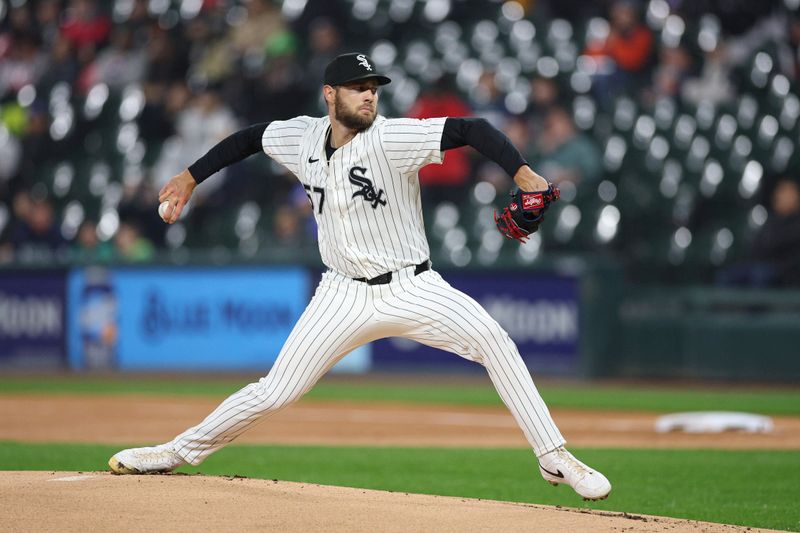 May 20, 2025; Chicago, Illinois, USA; Chicago White Sox starting pitcher Adrian Houser (57) delivers a pitch against the Seattle Mariners during the first inning at Rate Field. Mandatory Credit: Kamil Krzaczynski-Imagn Images