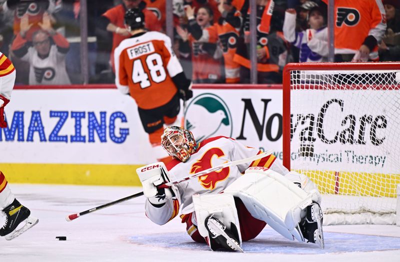 Jan 6, 2024; Philadelphia, Pennsylvania, USA; Calgary Flames goalie Jacob Markstrom (25) reacts after allowing a goal against the Philadelphia Flyers in the second period at Wells Fargo Center. Mandatory Credit: Kyle Ross-USA TODAY Sports