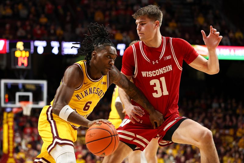 Jan 13, 2026; Minneapolis, Minnesota, USA; Minnesota Golden Gophers guard Langston Reynolds (6) works around Wisconsin Badgers forward Nolan Winter (31) during the first half at Williams Arena. Mandatory Credit: Matt Krohn-Imagn Images