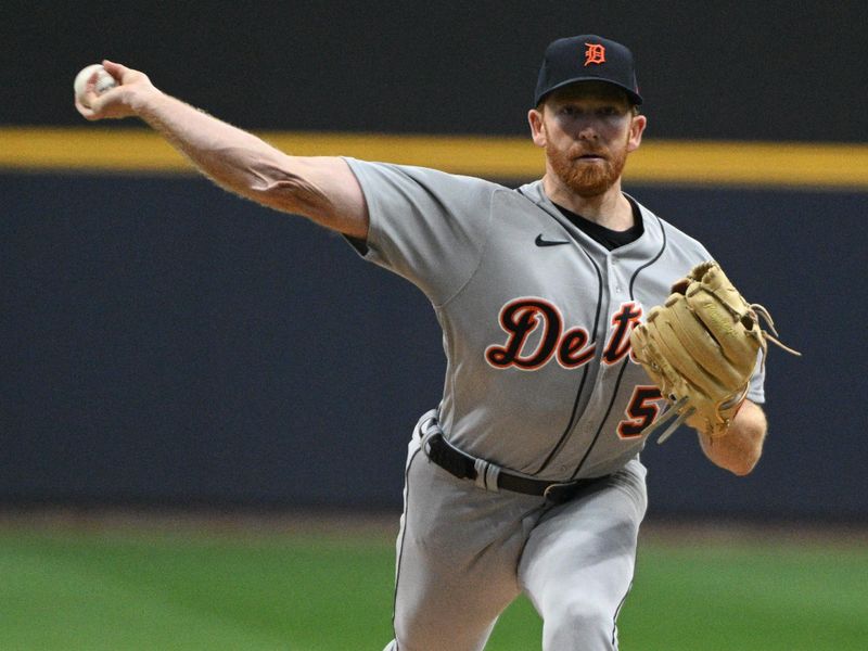 Apr 25, 2023; Milwaukee, Wisconsin, USA; Detroit Tigers starting pitcher Spencer Turnbull (56) delivers a pitch against the Milwaukee Brewers in the first inning at American Family Field. Mandatory Credit: Michael McLoone-USA TODAY Sports