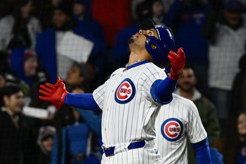 Apr 2, 2024; Chicago, Illinois, USA; Chicago Cubs designated hitter Christopher Morel (5) after hitting a homer run against the Colorado Rockies during the third inning at Wrigley Field. Mandatory Credit: Matt Marton-USA TODAY Sports