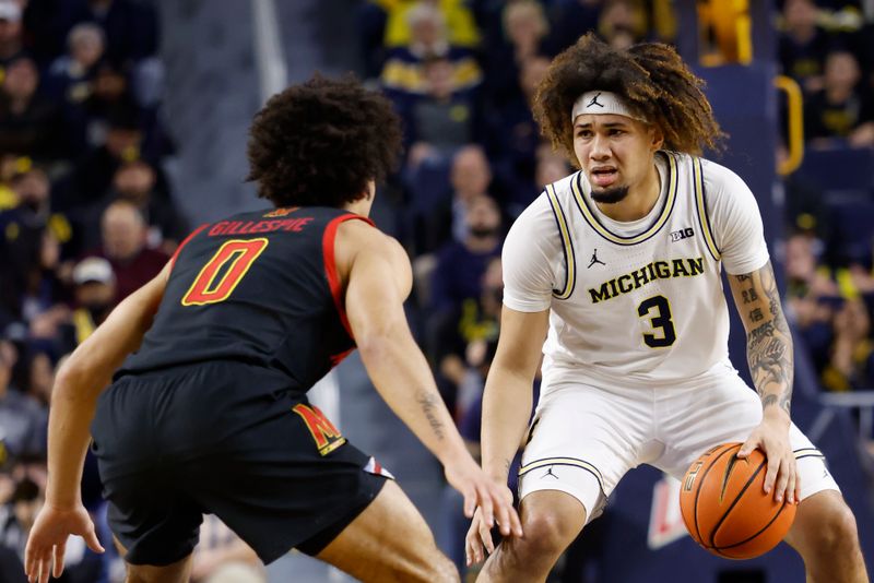 Mar 5, 2025; Ann Arbor, Michigan, USA;  Michigan Wolverines guard Tre Donaldson (3) is defended by Maryland Terrapins Donald Carey (0) in the first half at Crisler Center. Mandatory Credit: Rick Osentoski-Imagn Images