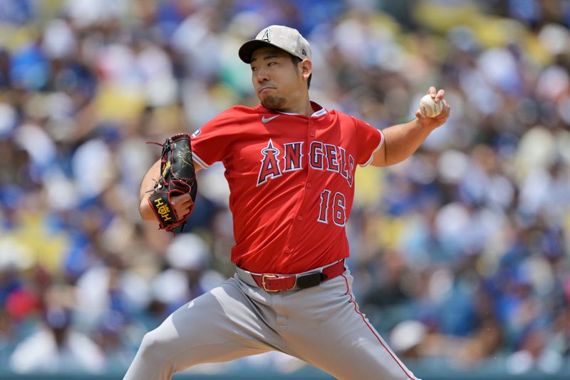 May 18, 2025; Los Angeles, California, USA; Los Angeles Angels pitcher Yusei Kikuchi (16) pitches in the first inning against the Los Angeles Dodgers at Dodger Stadium. Mandatory Credit: Jayne Kamin-Oncea-Imagn Images