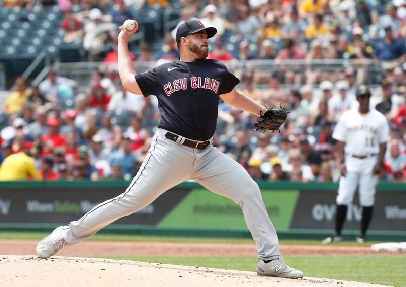 Jul 19, 2023; Pittsburgh, Pennsylvania, USA;  Cleveland Guardians starting pitcher Aaron Civale (43) delivers a pitch against the Pittsburgh Pirates during the first inning at PNC Park. Mandatory Credit: Charles LeClaire-USA TODAY Sports