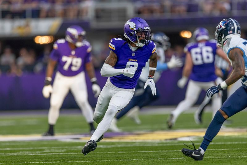 Minnesota Vikings wide receiver Trishton Jackson (9) in action during the first half of an NFL preseason football game against the Tennessee Titans, Saturday, Aug. 19, 2023 in Minneapolis. Tennessee won 24-16. (AP Photo/Stacy Bengs)