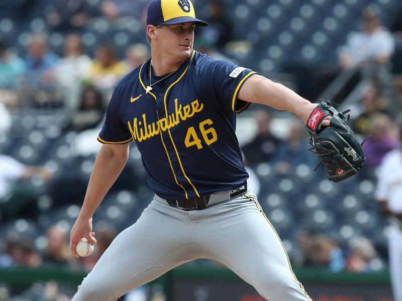 May 24, 2025; Pittsburgh, Pennsylvania, USA;  Milwaukee Brewers starting pitcher Quinn Priester (46) delivers a pitch against the Pittsburgh Pirates during the first inning at PNC Park. Mandatory Credit: Charles LeClaire-Imagn Images