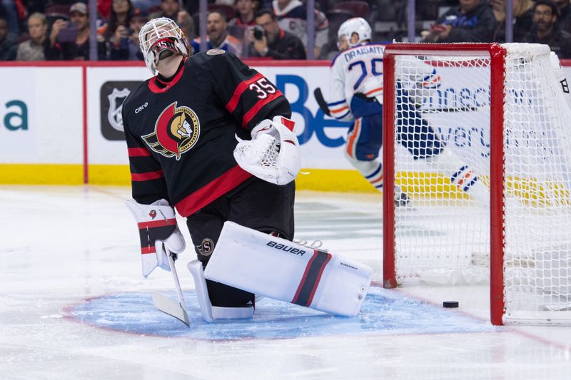 Oct 21, 2025; Ottawa, Ontario, CAN; Ottawa Senators goalie Linus Ullmark (35) reacts to a goal scored in the second period against the Edmonton Oilers at the Canadian Tire Centre. Mandatory Credit: Marc DesRosiers-IMAGN Images