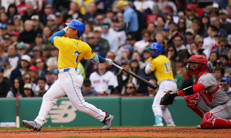 Apr 14, 2024; Boston, Massachusetts, USA; Boston Red Sox left fielder Masataka Yoshida (7) hits a two run home run against the Los Angeles Angels in the sixth inning at Fenway Park. Mandatory Credit: David Butler II-USA TODAY Sports