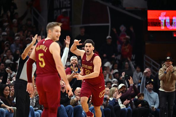 CLEVELAND, OHIO - DECEMBER 20: Georges Niang #20 of the Cleveland Cavaliers reacts after scoring during the fourth quarter against the Utah Jazz at Rocket Mortgage Fieldhouse on December 20, 2023 in Cleveland, Ohio. The Cavaliers defeated the Jazz 124-116. NOTE TO USER: User expressly acknowledges and agrees that, by downloading and or using this photograph, User is consenting to the terms and conditions of the Getty Images License Agreement. (Photo by Jason Miller/Getty Images)