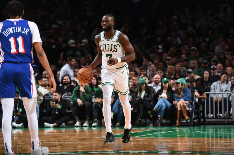 BOSTON, MA - OCTOBER 12: Jaylen Brown #7 of the Boston Celtics dribbles the ball during the game against the Philadelphia 76ers during a NBA Preseason game on October 12, 2024 at TD Garden in Boston, Massachusetts. NOTE TO USER: User expressly acknowledges and agrees that, by downloading and/or using this Photograph, user is consenting to the terms and conditions of the Getty Images License Agreement. Mandatory Copyright Notice: Copyright 2024 NBAE (Photo by Brian Babineau/NBAE via Getty Images)