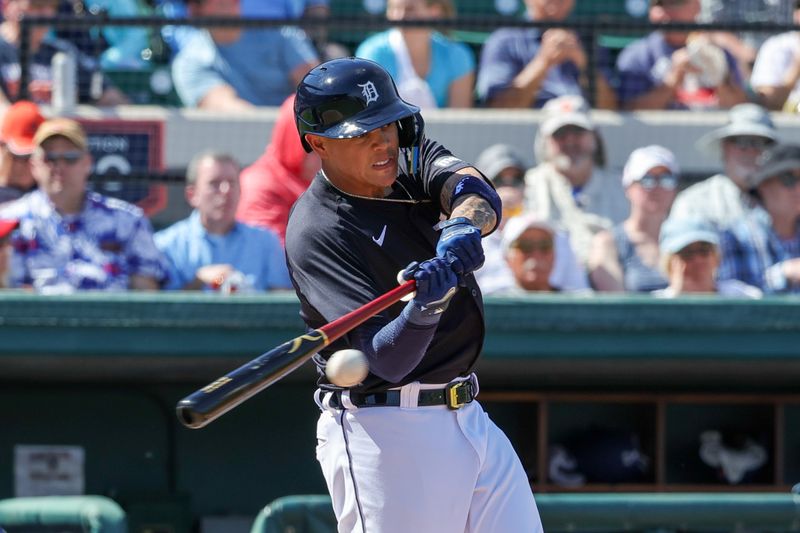 Feb 27, 2024; Lakeland, Florida, USA; Detroit Tigers third baseman Gio Urshela (13) bats during the third inning against the Toronto Blue Jays at Publix Field at Joker Marchant Stadium. Mandatory Credit: Mike Watters-USA TODAY Sports