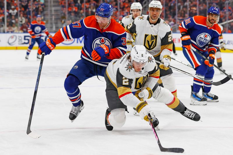 Apr 10, 2024; Edmonton, Alberta, CAN; Edmonton Oilers forward Warren Foegele (37) and Vegas Golden Knights defensemen Zach Whitecloud (2) battle for a loose puck during the third period at Rogers Place. Mandatory Credit: Perry Nelson-USA TODAY Sports