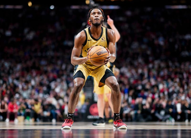 TORONTO, ON - APRIL 7: Immanuel Quickley #5 of the Toronto Raptors takes a free throw against the Washington Wizards during the first half of their basketball game at the Scotiabank Arena on April 7, 2024 in Toronto, Ontario, Canada. NOTE TO USER: User expressly acknowledges and agrees that, by downloading and/or using this Photograph, user is consenting to the terms and conditions of the Getty Images License Agreement. (Photo by Mark Blinch/Getty Images)